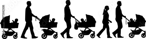 Group of people walking with babies in strollers side view silhouette set.
