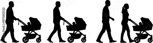 Group of people walking with babies in strollers side view silhouette set.
