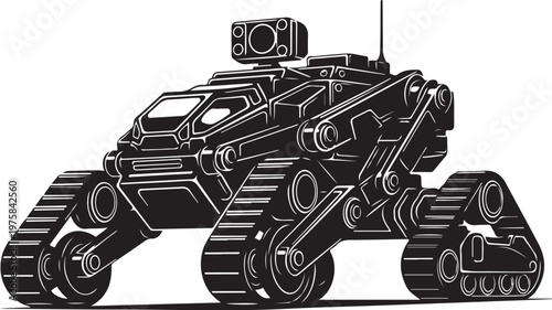 Futuristic Tank Robot, Black Vector Illustration, Military Vehicle, Sci-Fi Concept