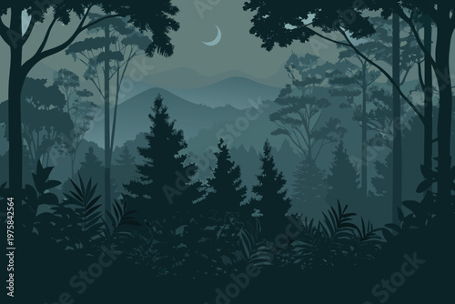 A dark stylized forest scene with a crescent moon above hills