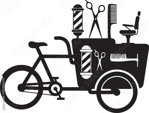 Black vector bicycle barber cart, mobile salon bike, barber tools, illustration