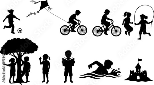 Kids standing together in row silhouettes. Children standing with various poses. Kids various outdoor activities vector silhouette set collection.
