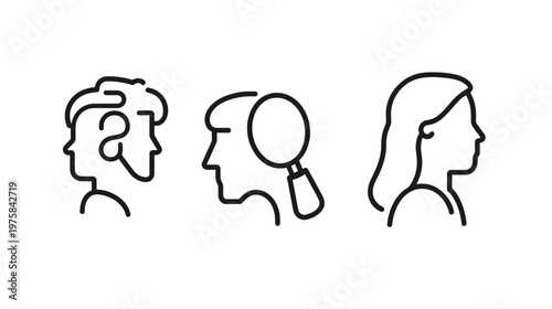 Outlines of three human faces in profile, one with a thought symbol, one with a magnifier, and a female face
