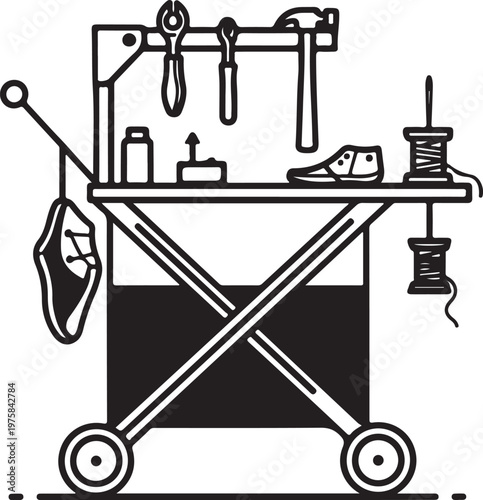 Shoe repair, cobbler tools, sewing kit, workshop cart, black and white vector