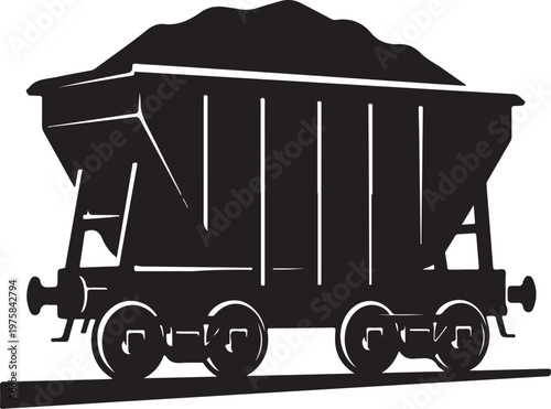 Black coal train car, industrial rail wagon, freight train, transportation icon