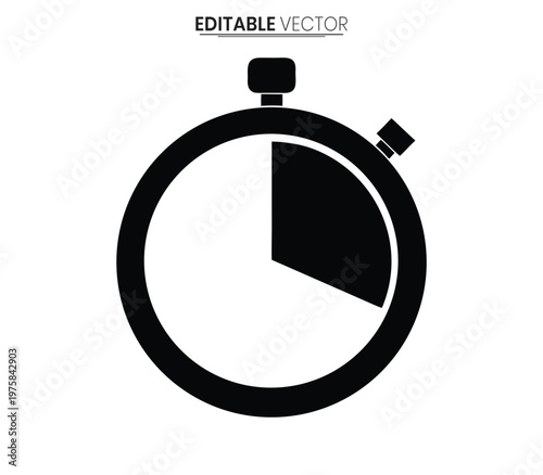 A simple black stopwatch icon with a partial fill presented as a vector silhouette