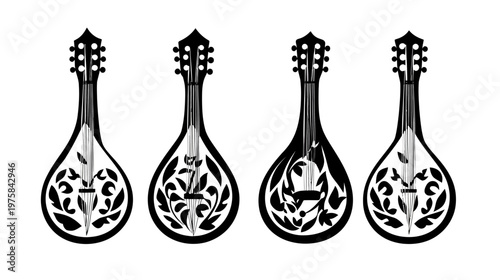 A group of four black and white illustrations of a mandolin with decorative foliage on a white background