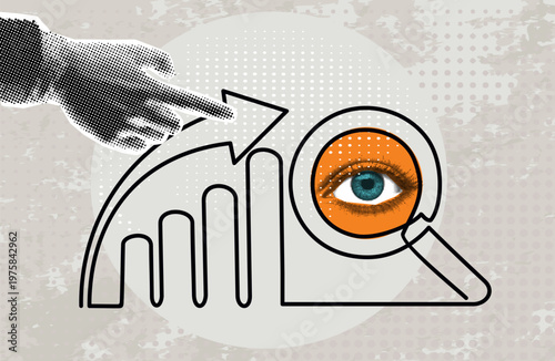 Trendy Halftone Collage Hand pointing on magnifying glass with eye and graph up chart.Stock market statistics chart. Finance business data graph. Trending upwards. Contemporary vector illustration art