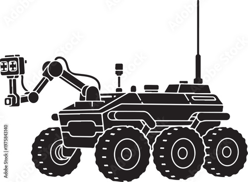 Robotic rover vehicle, robotic arm, black and white illustration, futuristic exploration