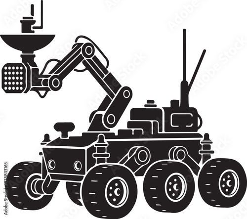 Robotic rover vehicle, robotic arm, black and white illustration, mechanical engineering