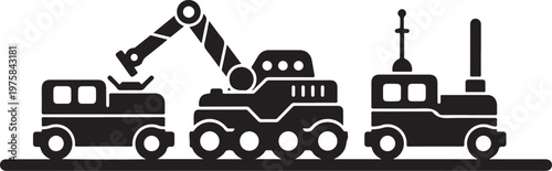 Industrial vehicles, construction equipment, tractor, excavator, truck, black icons