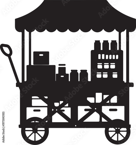 Black silhouette food cart, vendor cart icon, market stall, shopping trolley