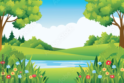A vibrant idyllic landscape with a river and lush greenery
