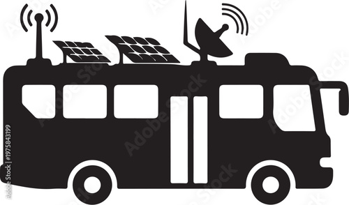Eco friendly bus, solar powered vehicle, sustainable transportation, black silhouette icon