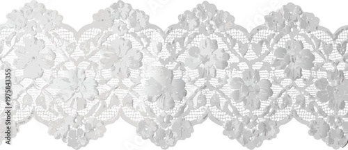 Delicate Lace Floral: An intricate close-up showcases a band of pristine white lace, adorned with delicate floral patterns and exquisite details, perfect for adding an elegant touch.