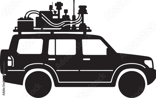 Black SUV vehicle silhouette, ghostbusters car vector, proton pack on roof, isolated white background
