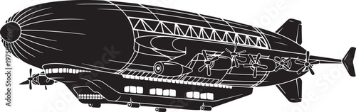Zeppelin airship, vintage blimp, black and white illustration, aircraft icon
