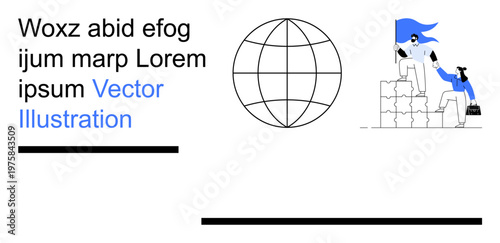 Teamwork, global collaboration, leadership, support, achievement, international efforts. A globe and two people working together climbing blocks. Teamwork and global collaboration visually