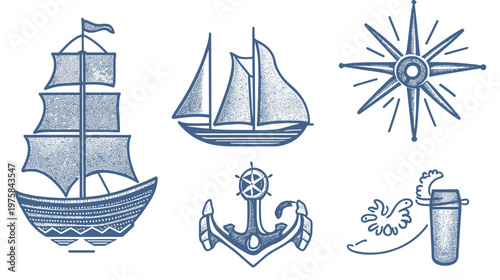 Stylized nautical illustrations, including sailboats, compass rose, anchor, and whimsical elements
