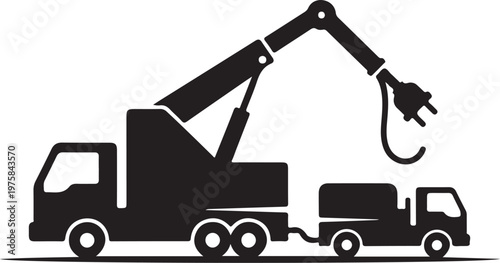 Tow truck, heavy duty recovery vehicle, hook lift, silhouette icon, industrial equipment