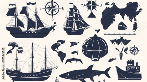 Black and white nautical themed vector illustration with ships, compasses, sharks, and globes