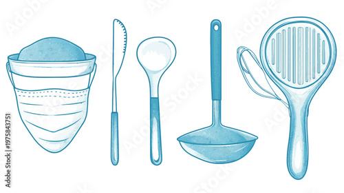 Stylized illustration of kitchen utensils, including a pot with mask, knife, spoon, ladle, and a strainer