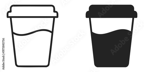 Takeaway coffee cup icon vector illustration featuring hot beverage container, lid, flat minimal black and white design isolated for apps and websites