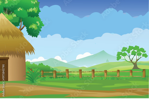 Peaceful countryside landscape featuring a thatched roof hut and green fields