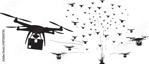 Drone, drones flying, black drone icons, vector swarm, robotics