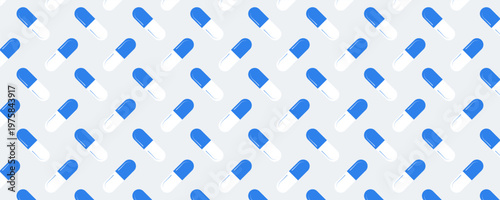Seamless geometric pattern featuring blue and white medical capsules and pill supplement icons