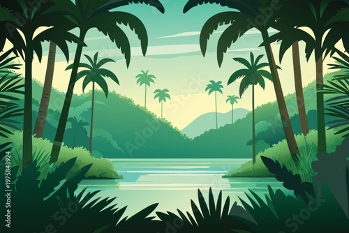 Lush tropical landscape featuring a winding river and palm trees