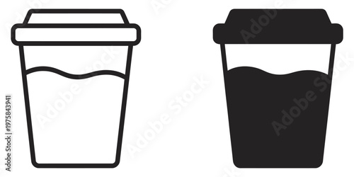 Takeaway coffee cup icon vector illustration featuring hot beverage container, lid, flat minimal black and white design isolated for apps and websites
