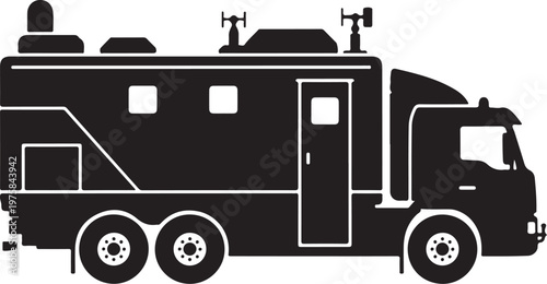 Black truck, mobile home, RV, vehicle silhouette, vector illustration