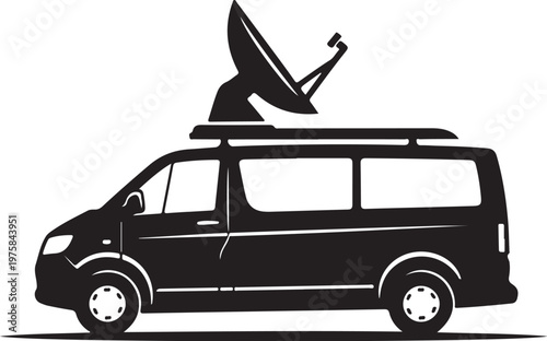 Satellite Dish Van, Black Vector Icon, Truck with Satellite Dish, Communication Vehicle