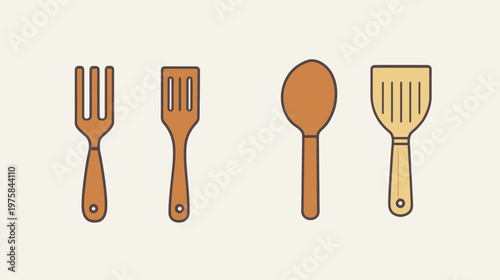 A cartoon-style illustration of four wooden kitchen utensils a fork, spatula, spoon, and another spatula
