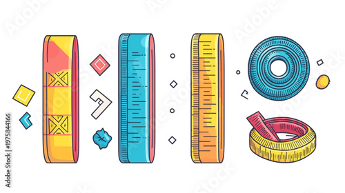 Colorful illustrated measuring tapes and rulers, with geometric and organic shapes as design elements