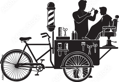 Black, vintage-style vector illustration, mobile barber shop, bicycle cart, barber chair
