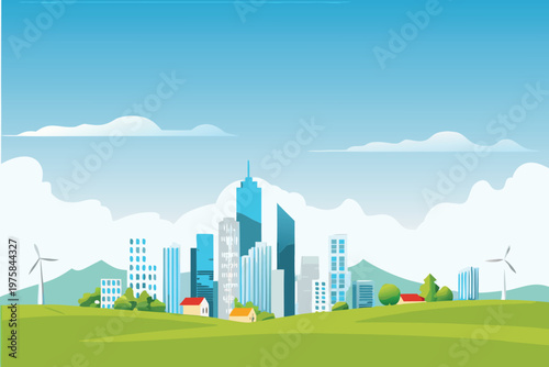 Modern cityscape with wind turbines and a bright blue sky