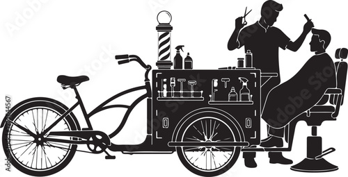 Black silhouette barber cart, mobile haircut bicycle, urban grooming service, vector illustration