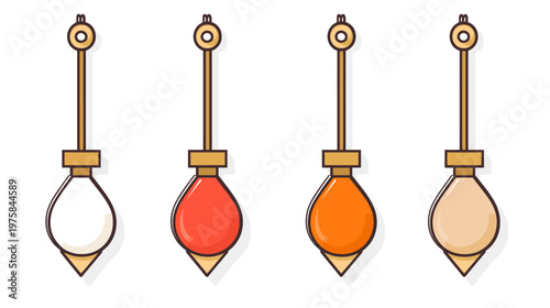 Four stylized hanging pendulums in various colors, simple flat design with minimalist aesthetics