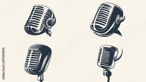 Four stylized vintage microphones in ink, each depicting a different angle, on a neutral background