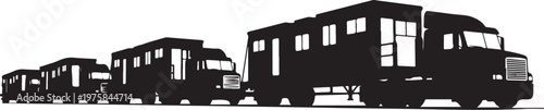 Black bus, truck, and trailer silhouettes, vehicle icons, transportation symbols, fleet illustrations