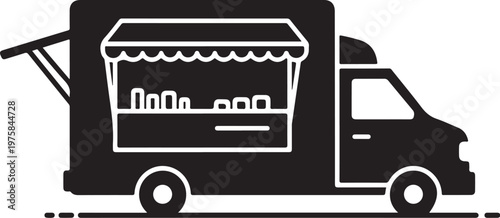 Food truck, black silhouette, vector icon, restaurant on wheels, fast food delivery