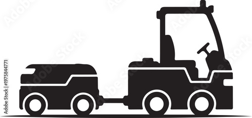 Black silhouette forklift truck towing trailer, industrial vehicle icon, warehouse equipment, heavy machinery