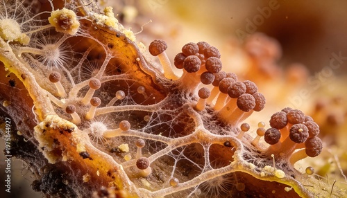 A close-up view of a fungal growth with intricate networks and brown spore clusters on a decaying organic matter