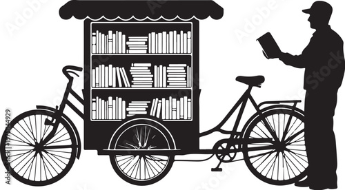 Black, bicycle book cart, vendor reading, mobile library, book tricycle