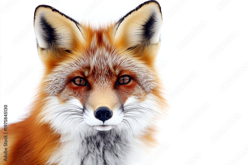 Fototapeta premium Close up portrait of a red fox face isolated on a white background