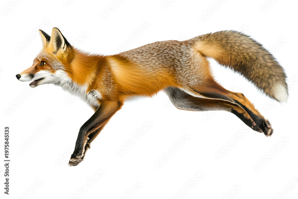 Fototapeta premium Running red fox in profile isolated on a white background
