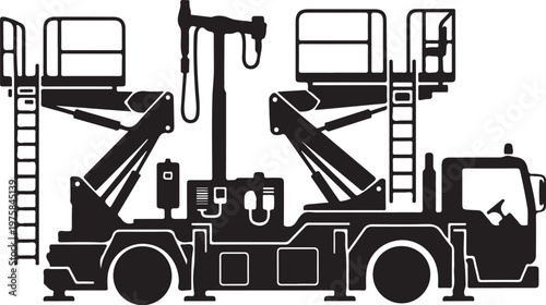 Black silhouette truck mounted aerial lift, boom lift vehicle, construction equipment, heavy machinery