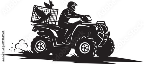 Black ATV rider silhouette, quad bike vector, animal cage transport, off-road vehicle icon